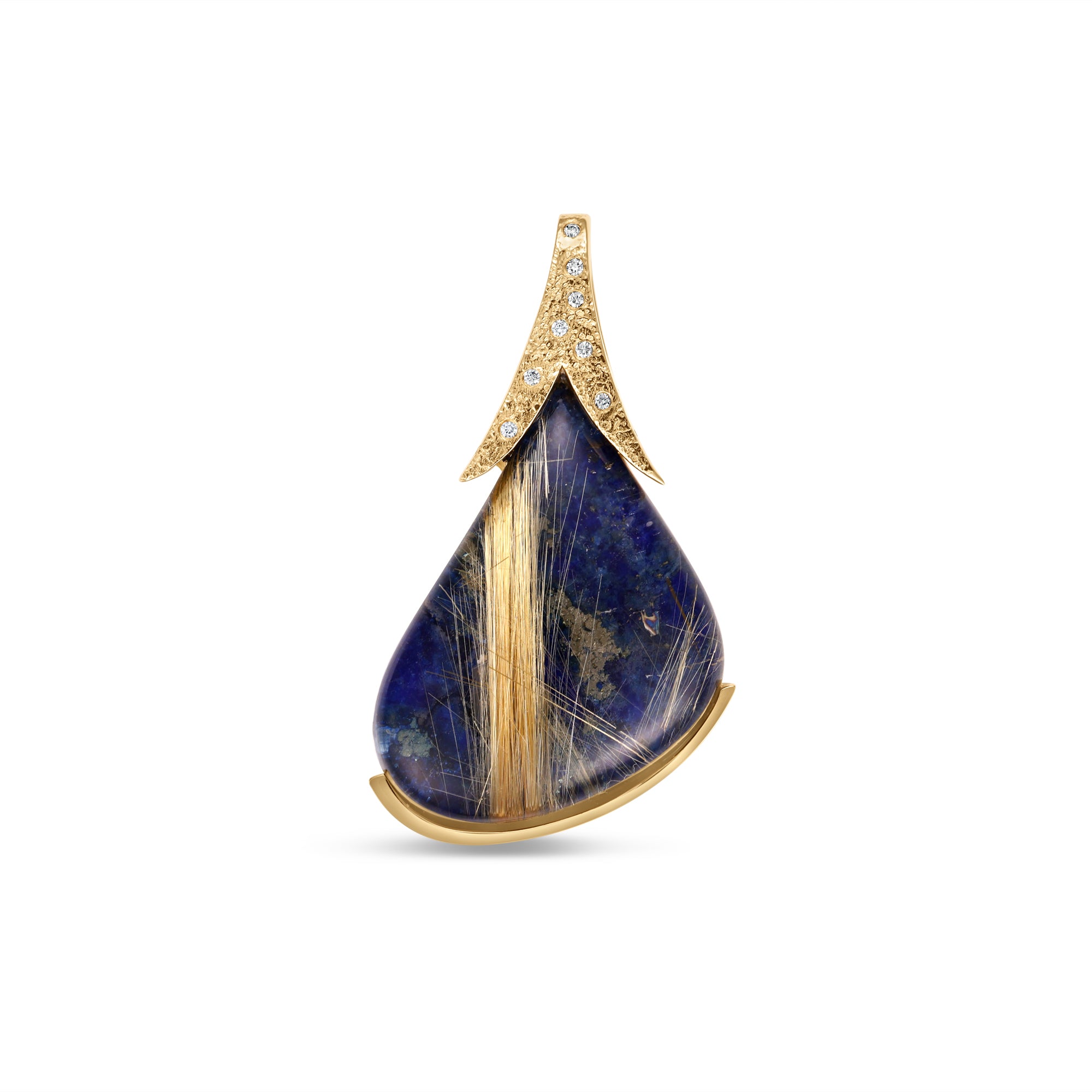 Detailed shot of Helios Lapis-Backed Rutilated Quartz & Diamond Pendant in 18K Yellow Gold by Elyzian