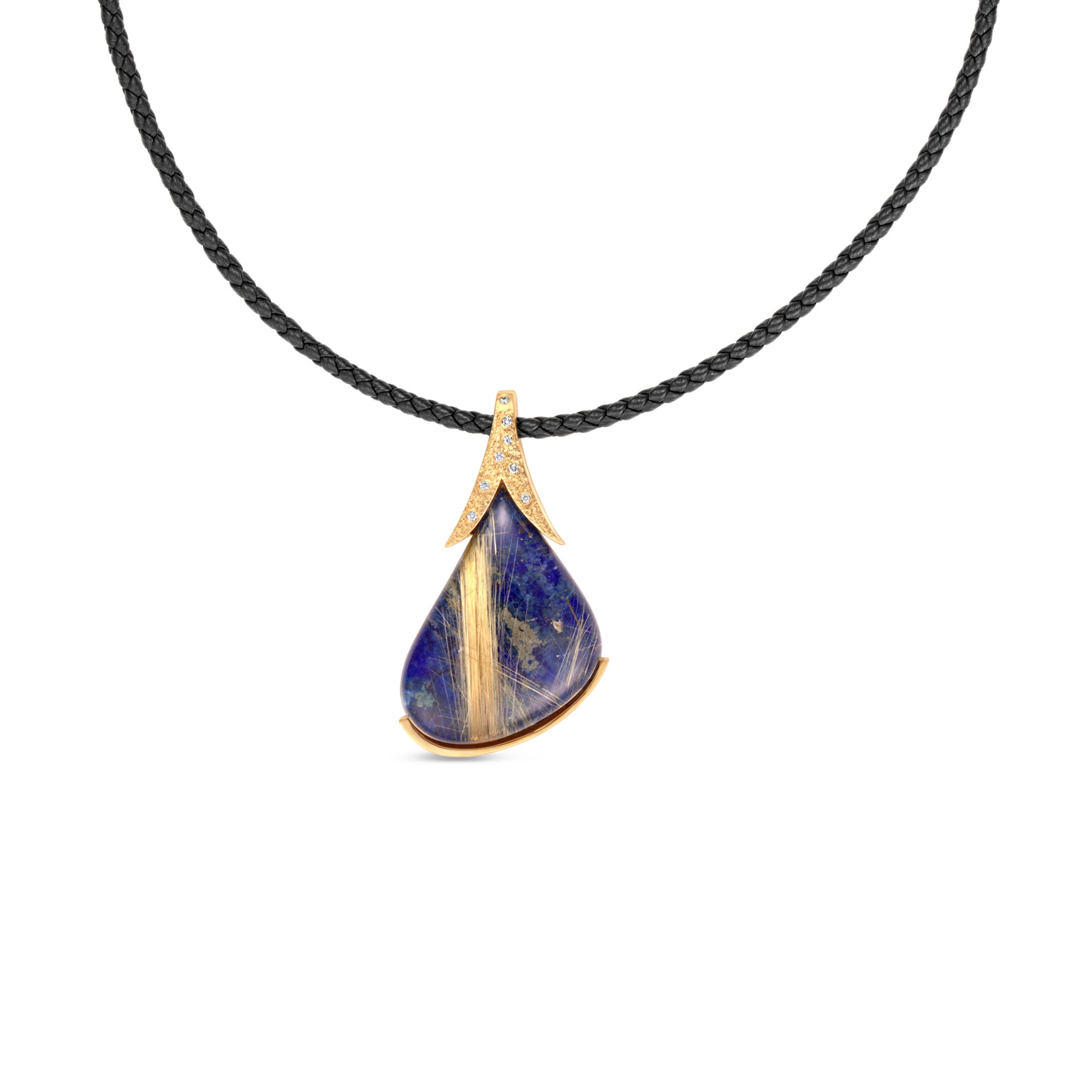 Helios Lapis-Backed Rutilated Quartz & Diamond Pendant in 18K Yellow Gold by Elyzian