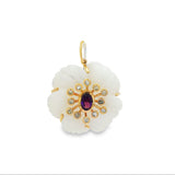 White floral pendant with gold accents and a purple gemstone on a white background