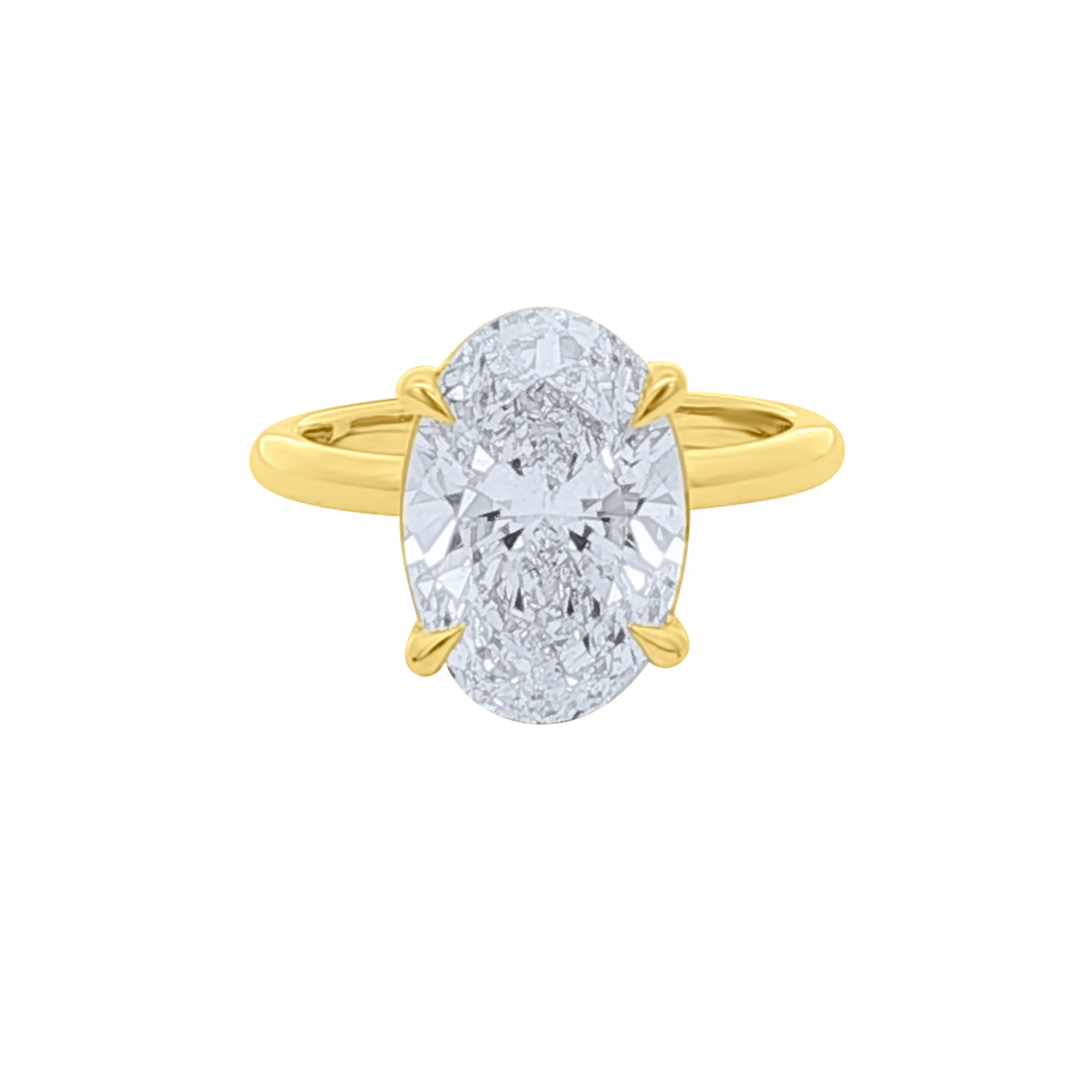 Top view of a Lab diamond 4ct oval solitaire engagement ring in 14k yellow gold by Elyzian Fine Jewelry
