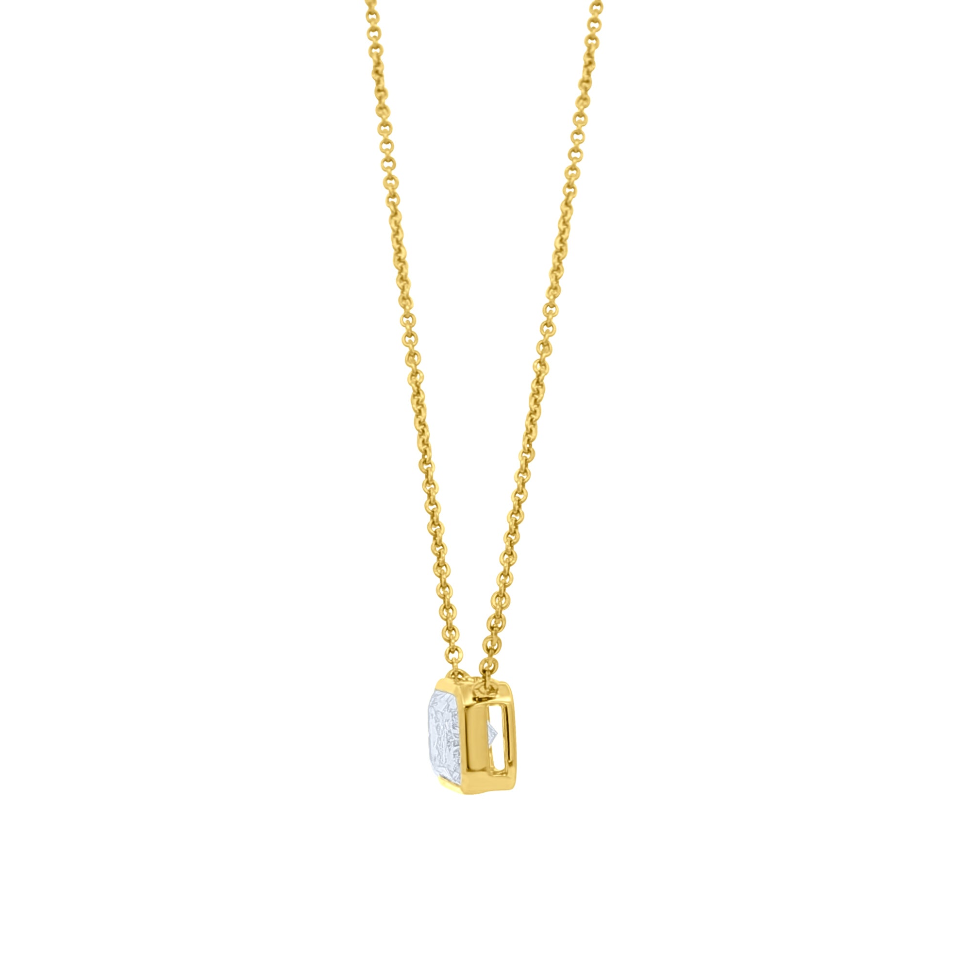 Lab diamond emerald cut bezel set pendant necklace by Elyzian Fine Jewelry