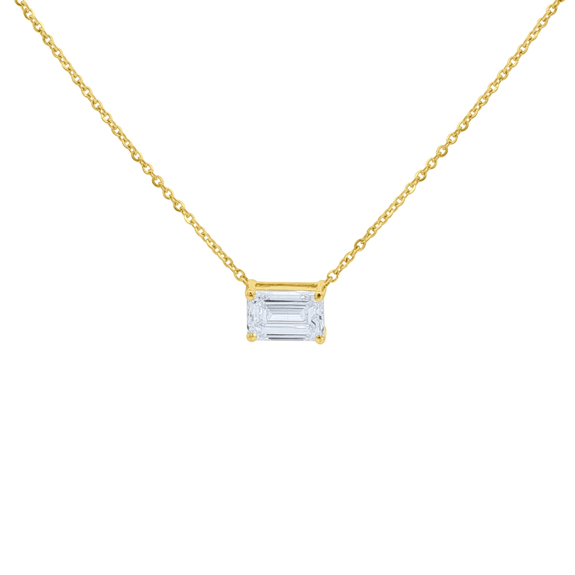 Lab diamond emerald cut bezel set pendant necklace by Elyzian Fine Jewelry