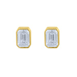 Lab diamond emerald cut bezel set stud earrings in 14k yellow gold by Elyzian Fine Jewelry

