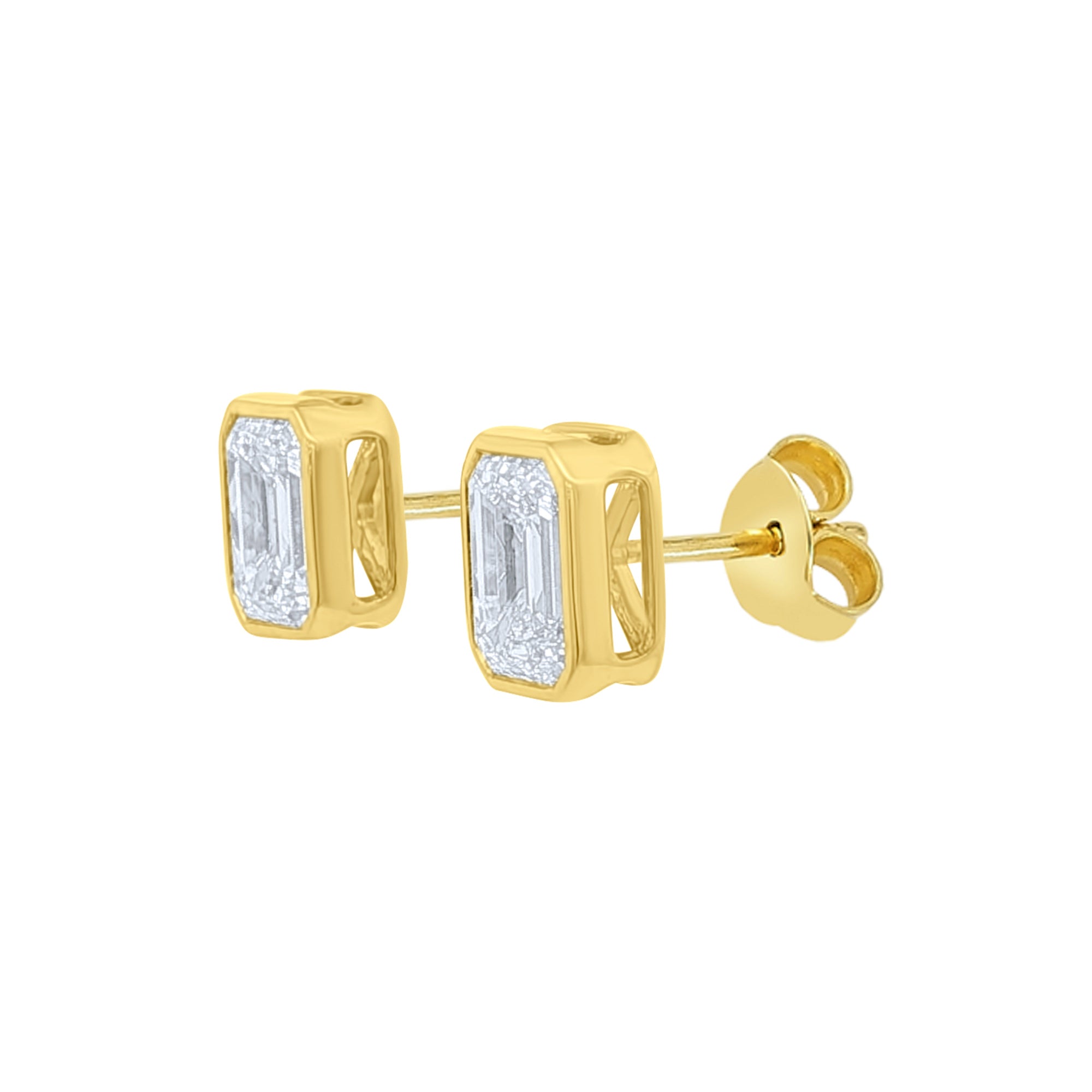 Elyzian Lab grown emerald cut diamond bezel set stud earrings in 14k yellow gold 