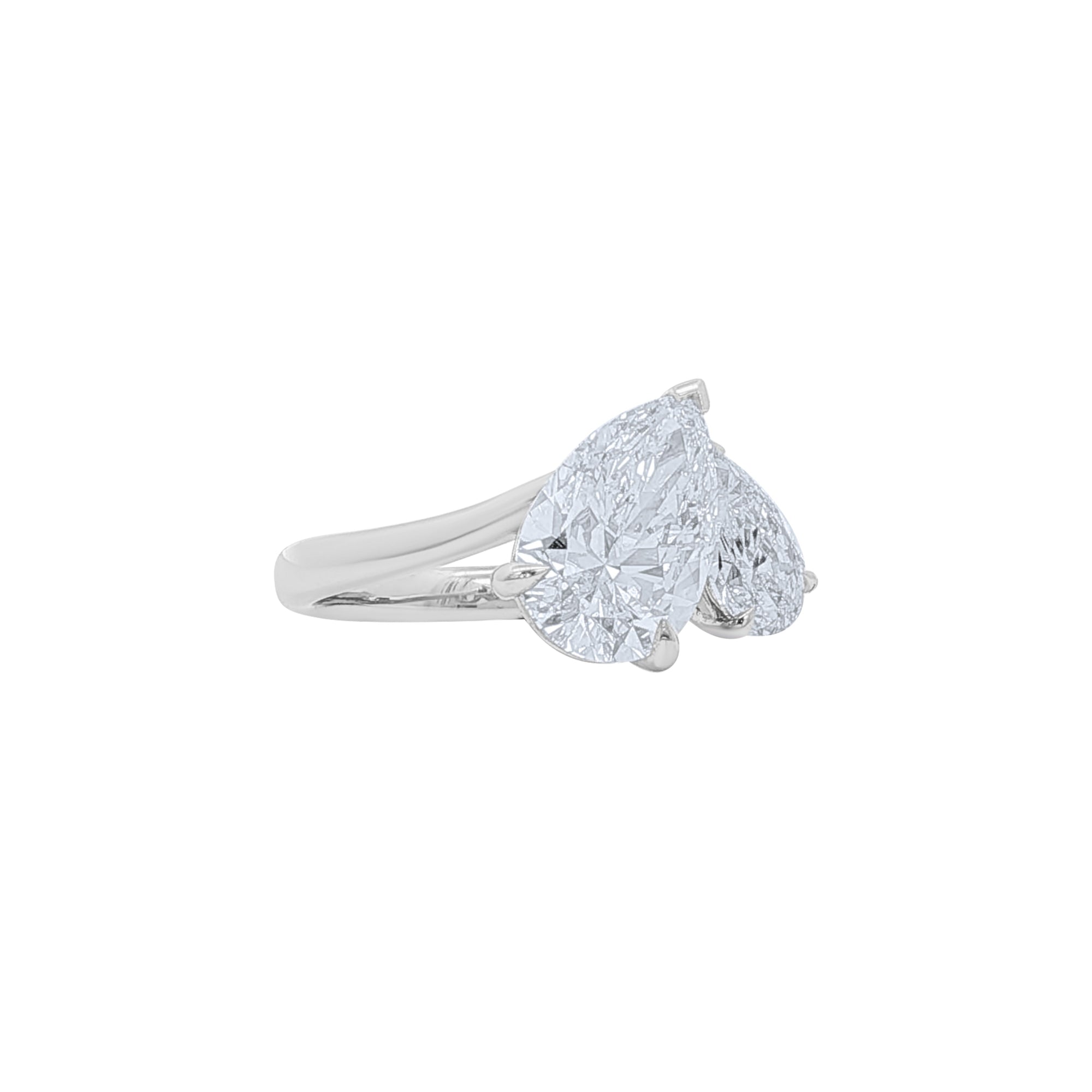 Alternate angled view of a Lab grown diamond pear shaped toi et moi ring in 14k white gold by Elyzian Fine Jewelry