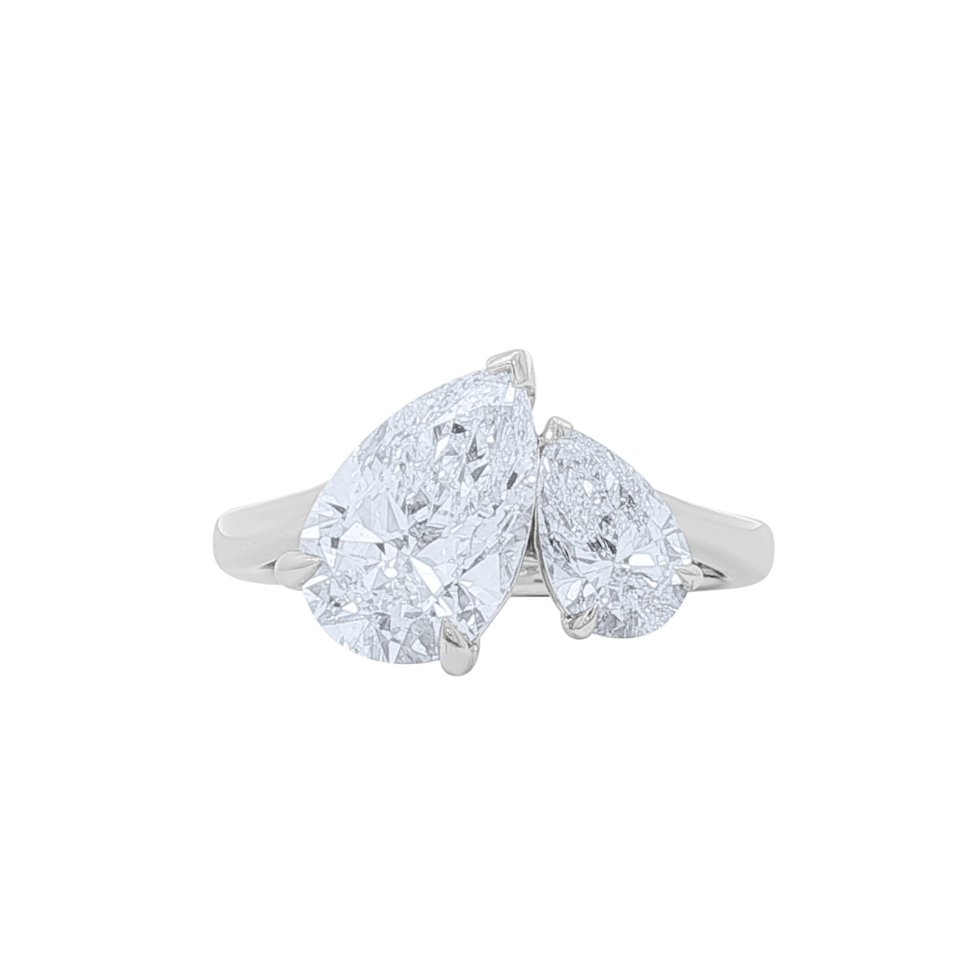 Top view of a Lab grown diamond pear shaped toi et moi ring in 14k white gold by Elyzian Fine Jewelry