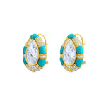 14k yellow gold statement earrings featuring pear-shaped lab-grown diamonds framed by turquoise inlay and pavé diamond accents with lever-back closure.