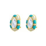14k yellow gold statement earrings featuring pear-shaped lab-grown diamonds framed by turquoise inlay and pavé diamond accents with lever-back closure.