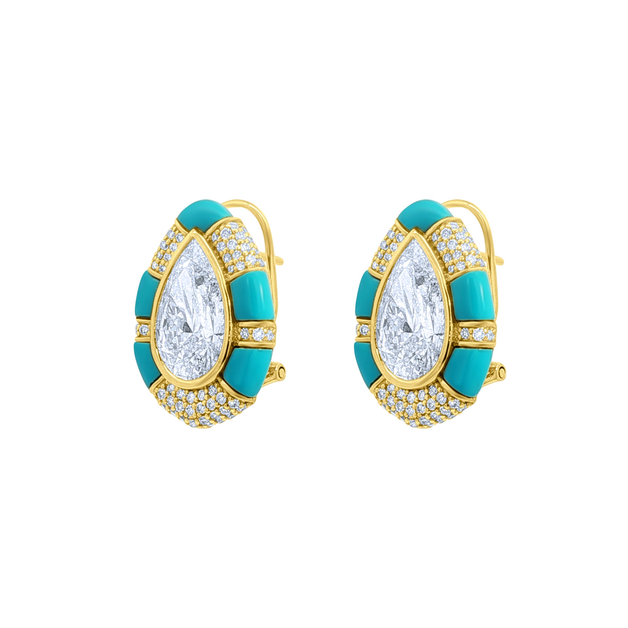 14k yellow gold statement earrings featuring pear-shaped lab-grown diamonds framed by turquoise inlay and pavé diamond accents with lever-back closure.