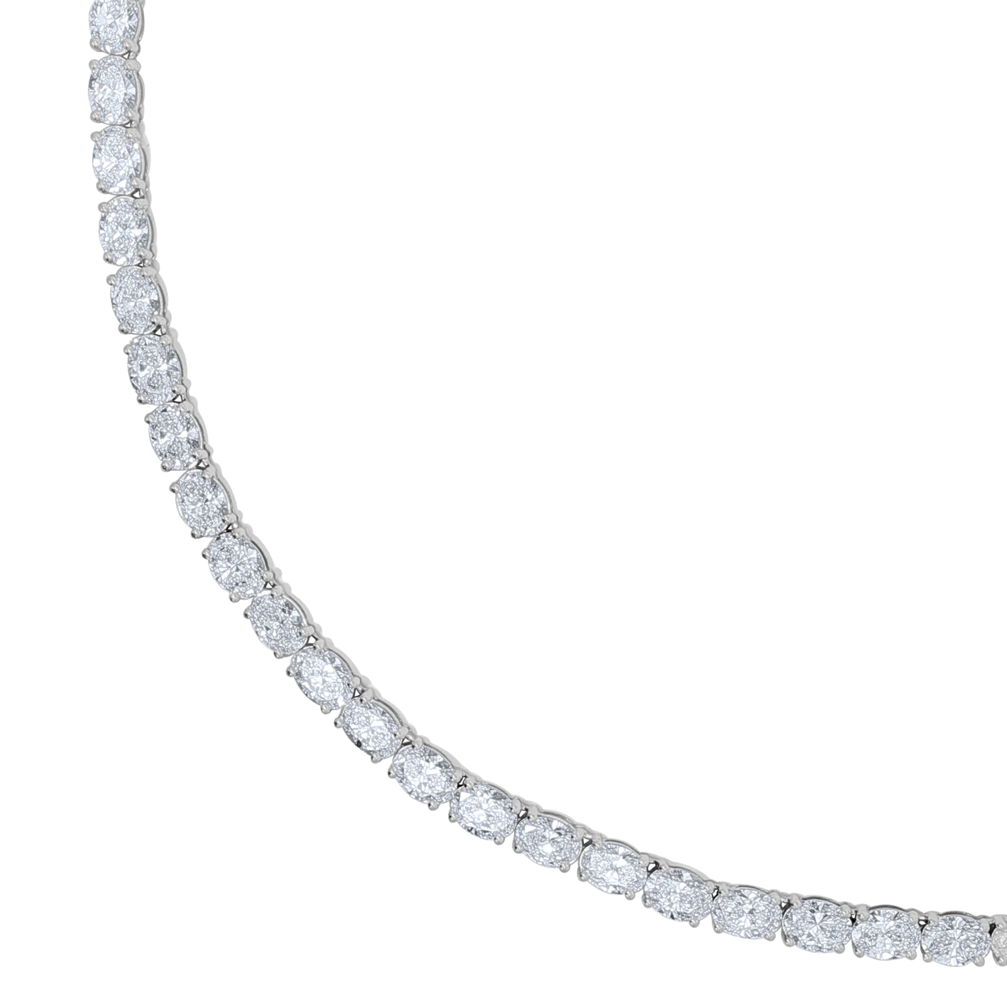 14k white gold tennis necklace featuring 36 carats of lab-grown oval-cut diamonds in an adjustable 16–18 inch setting for radiant versatility.