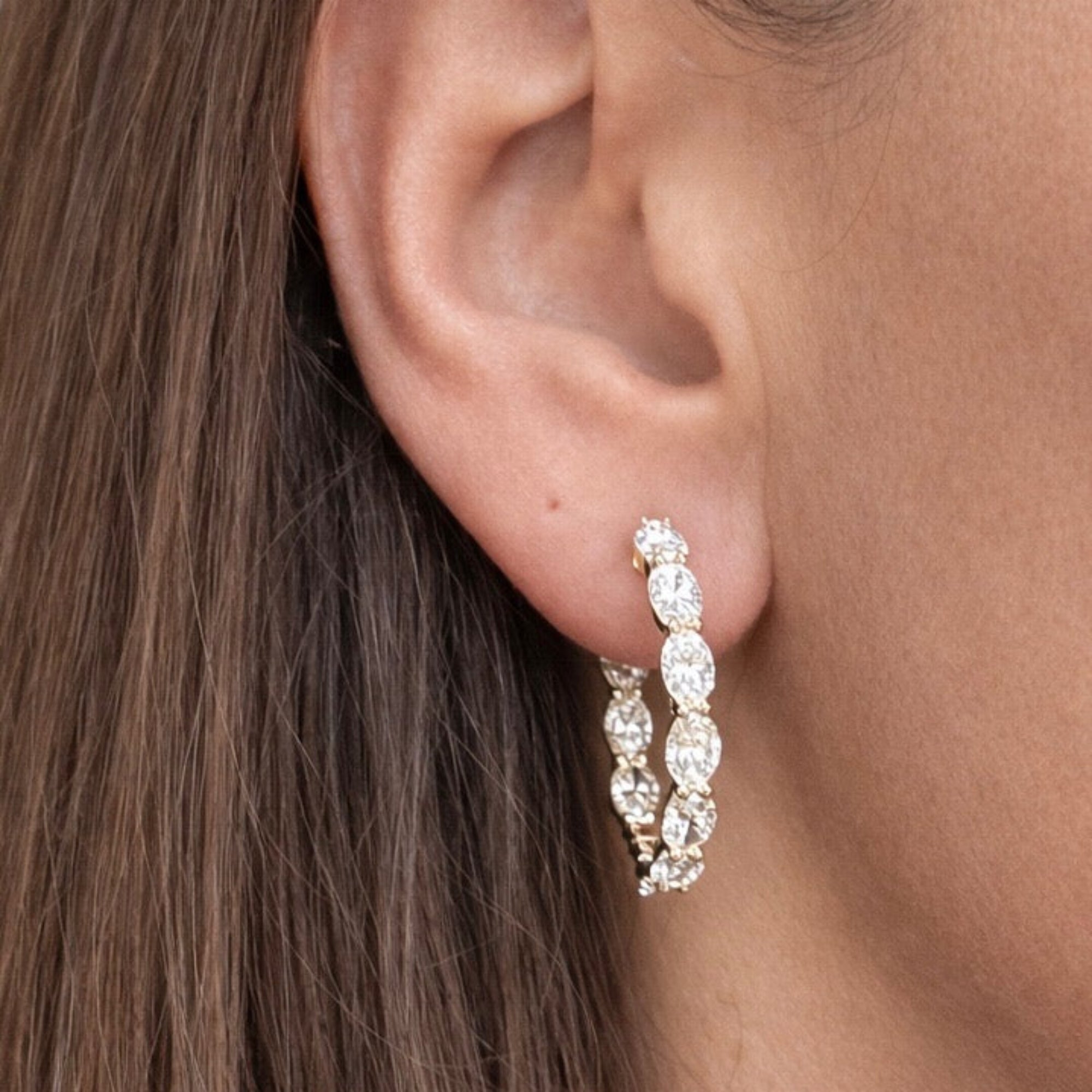 Lab-Grown Round Diamond Inside-Out Hoop Earrings 7ct in 14K Yellow Gold by Elyzian, on model 