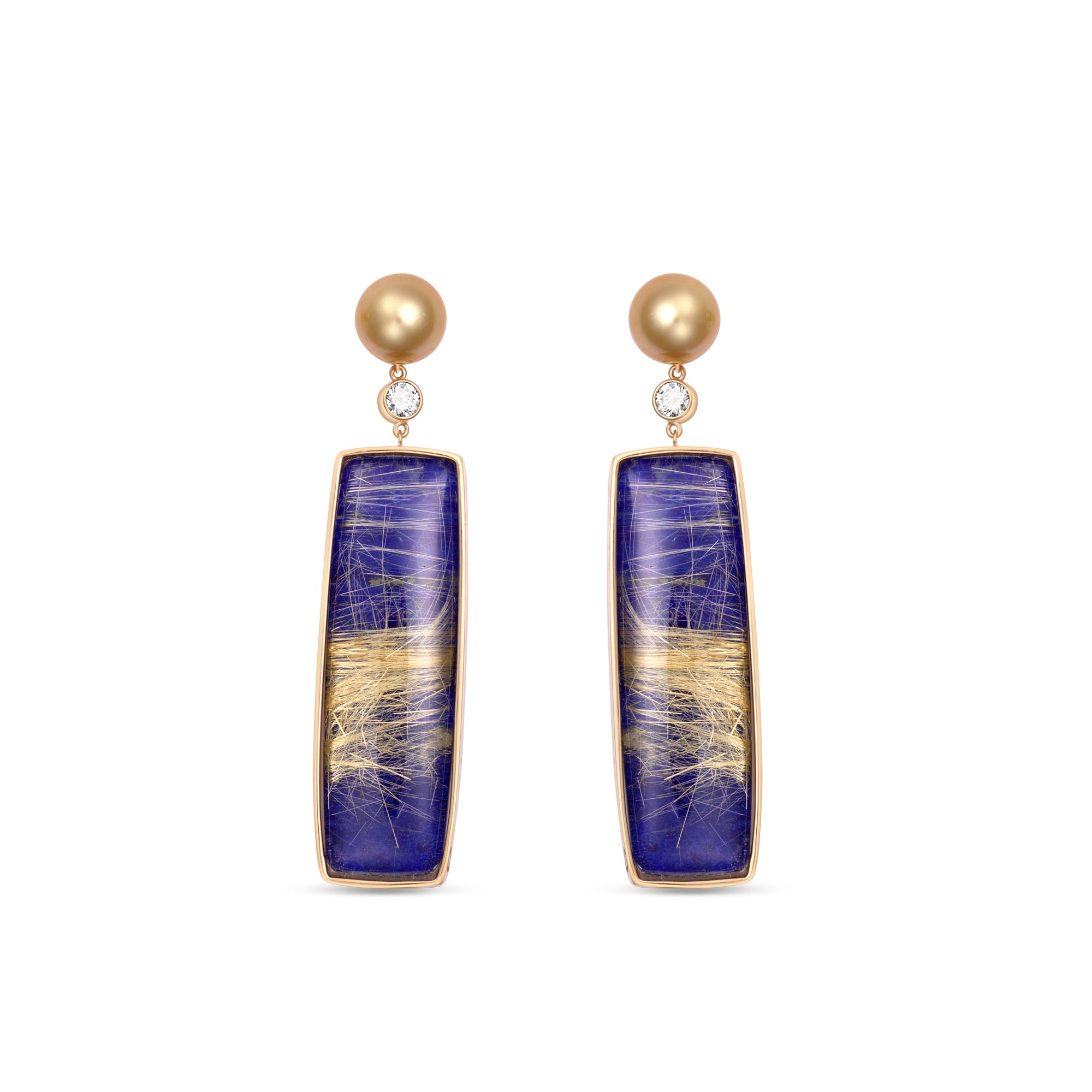 Lapis-Backed Rutilated Quartz and Golden Pearl Earrings in 18K Yellow Gold by Elyzian
