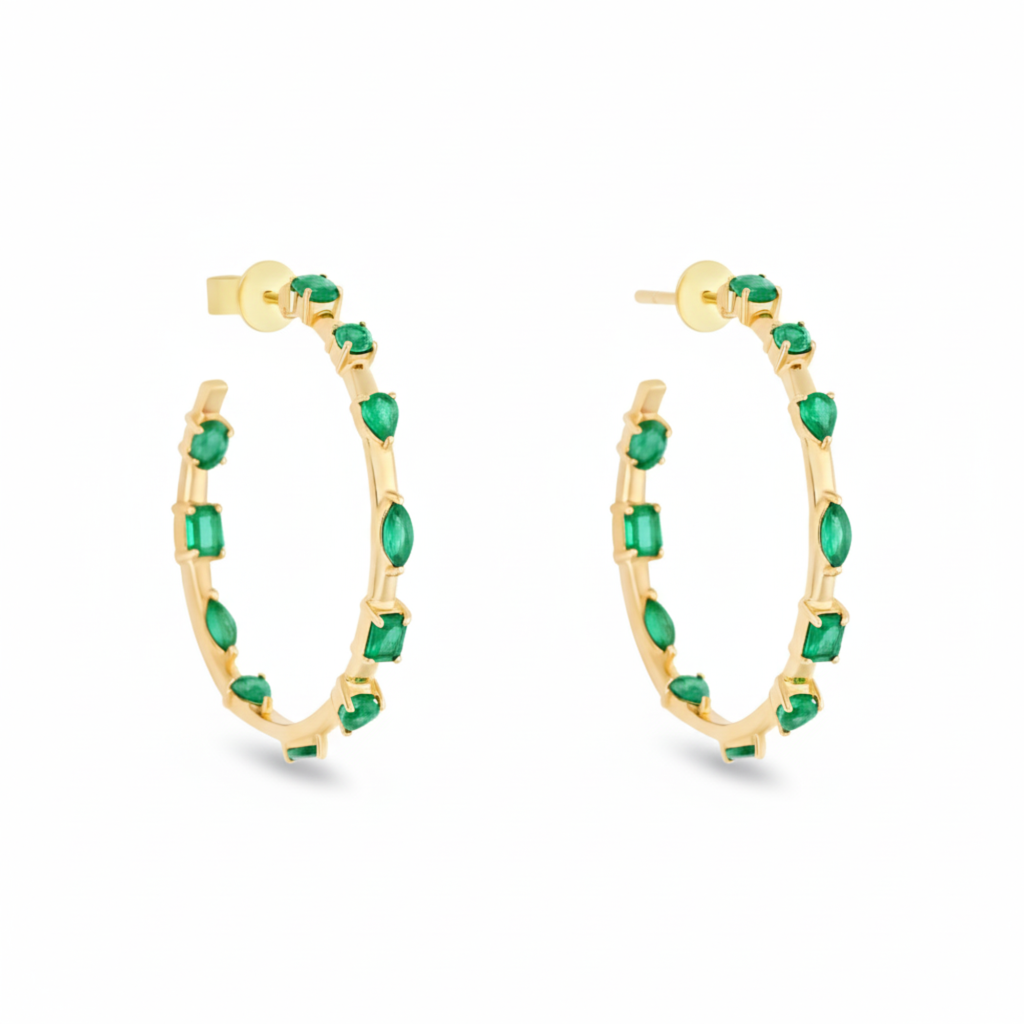 Large Floating Mixed Shape Emerald Hoop Earrings in 14K Yellow Gold by Elyzian – front view