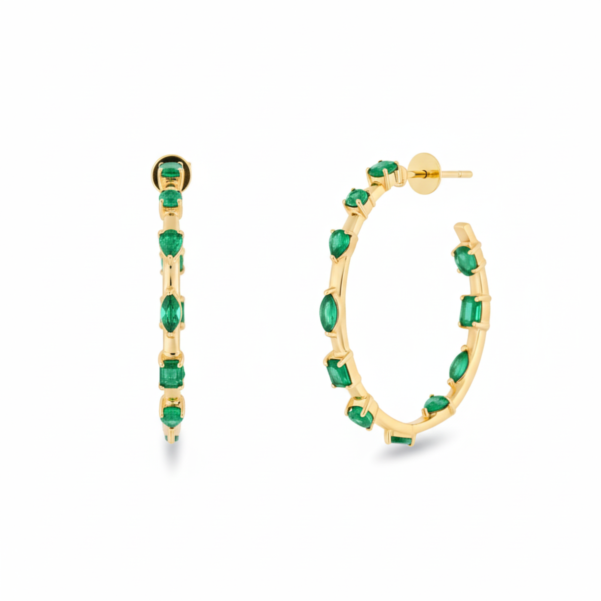 Side view of Large Floating Mixed Shape Emerald Hoop Earrings in 14K Yellow Gold by Elyzian