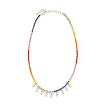 Multi-Colored Sapphire Tennis Necklace with Man-Made Lab-Grown Marquise Diamond Dangles