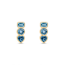 Pair of 14k yellow gold stud earrings featuring bezel-set London Blue, Swiss Blue, and Aquamarine gemstones in geometric shapes. Front view
