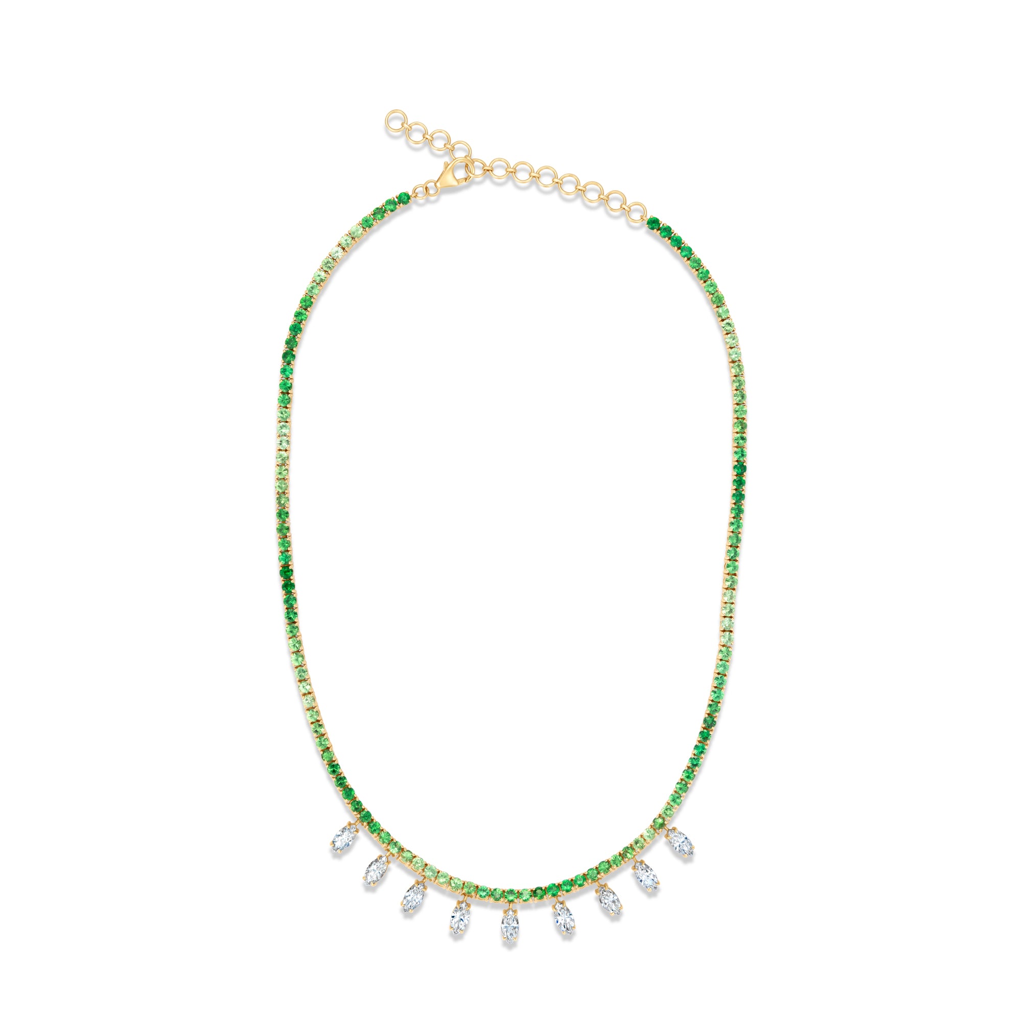 Ombre Tsavorite Garnet tennis necklace with lab diamond dangles 