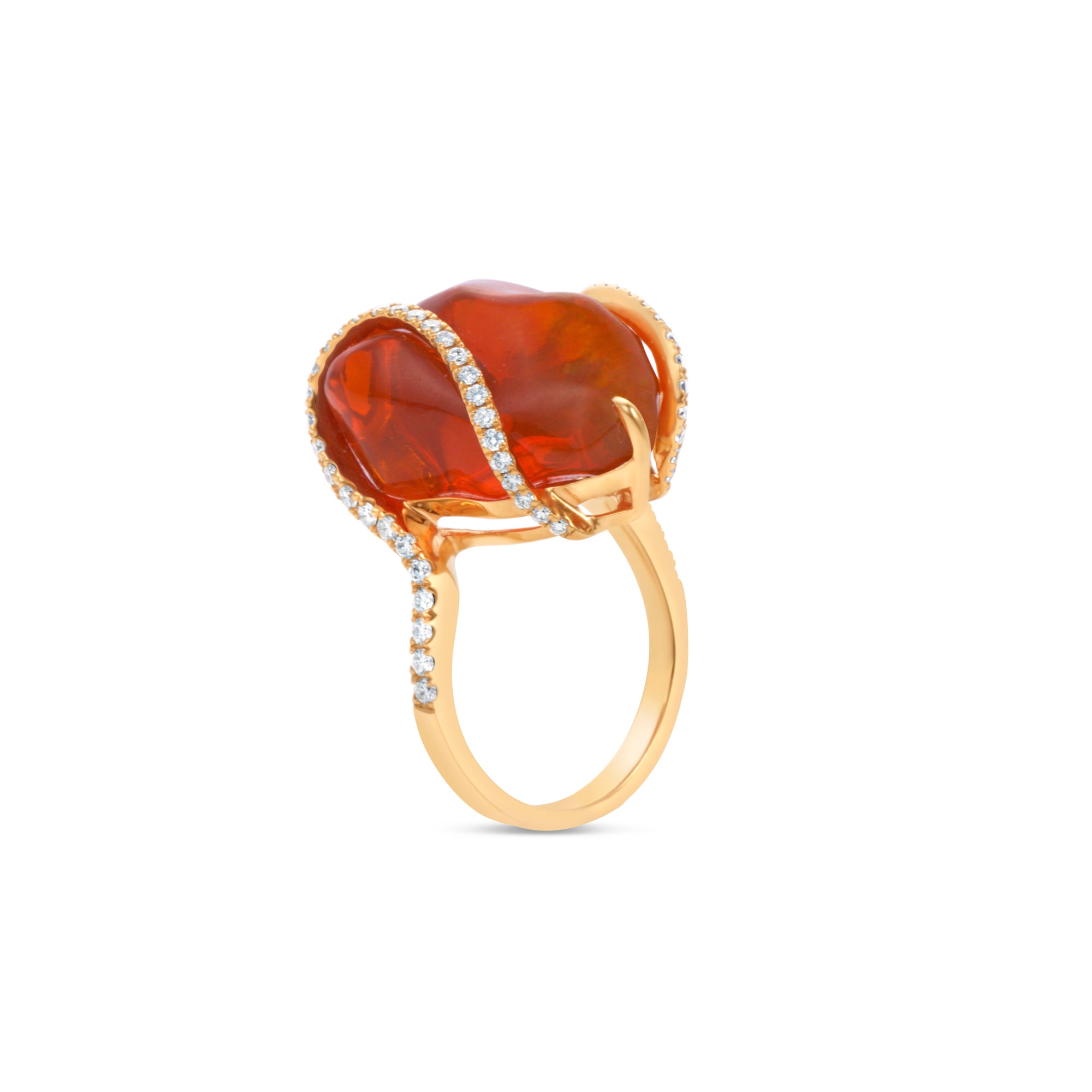 Elyzian Organic Fire Opal and Diamond Ring in 18K rose gold, close-up top view
