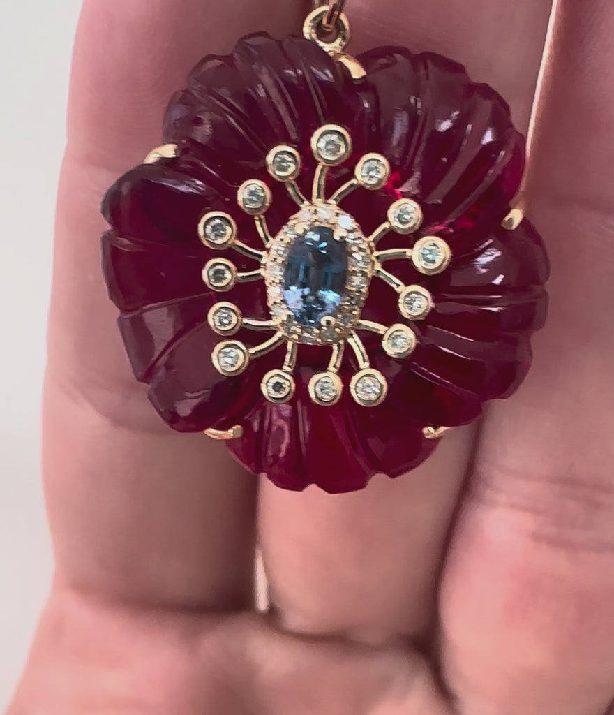 Seraphine Flame Fleur de Charme Pendant in 14K Yellow Gold with Ruby, Sapphire, and Diamonds by Elyzian Fine Jewelry