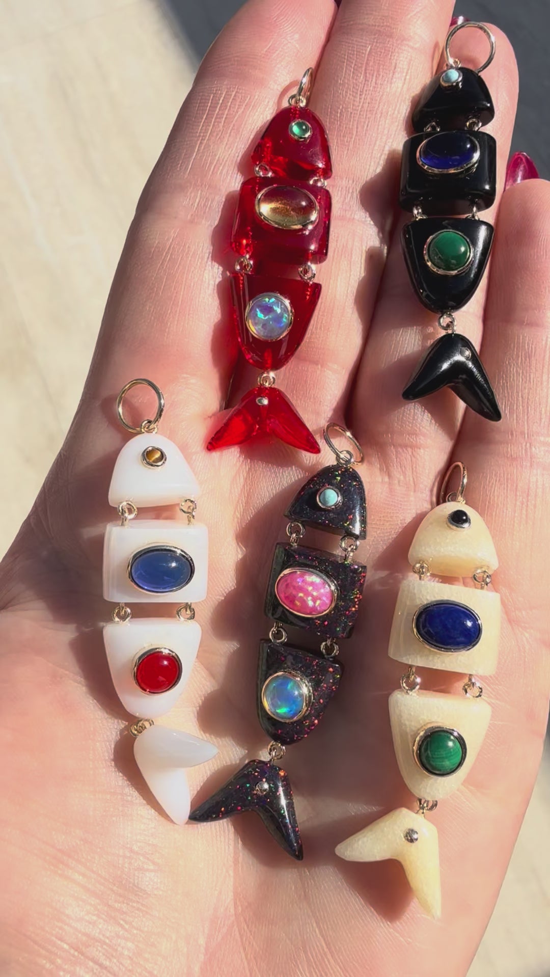 Elyzian Fine Jewelry Poisson Pendant in quartz, opal, ruby, and onyx set in 14K yellow gold, video 