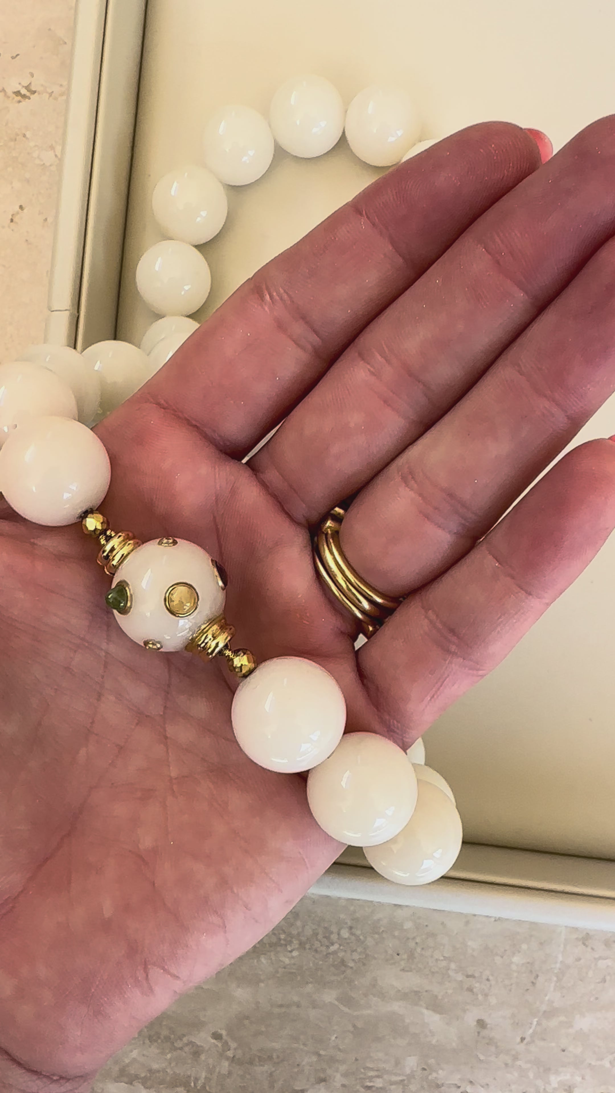 White Jade Beaded Necklace with Amethyst, Citrine, Yellow Diamond and Green Fluorite in 18k Yellow Gold