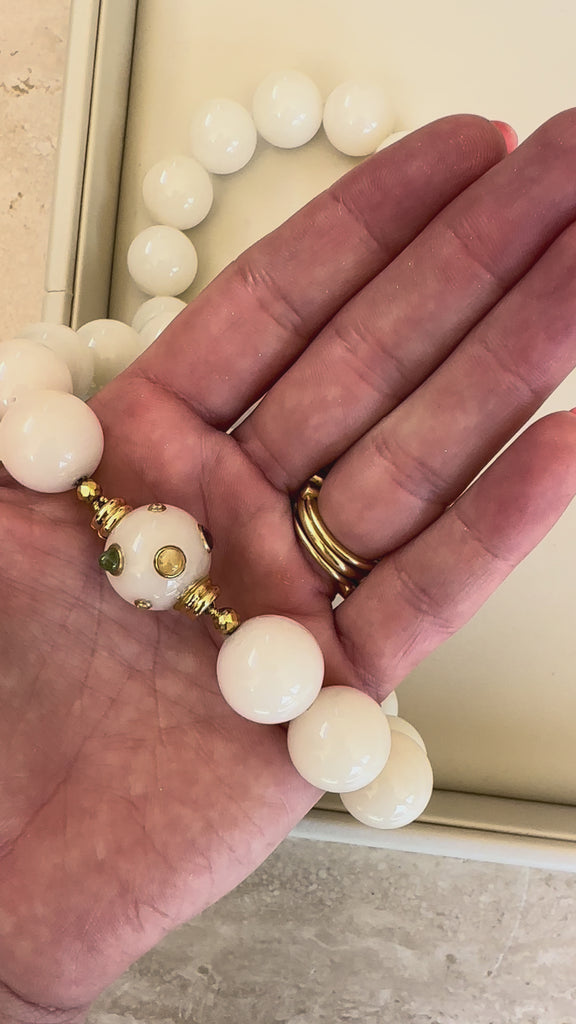 White Jade Beaded Necklace with Amethyst, Citrine, Yellow Diamond and Green Fluorite in 18k Yellow Gold
