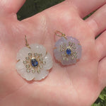  Elyzian Fine Jewelry Chalcedony & Kyanite Fleur de Charme charm in 14K yellow gold — hand-carved chalcedony flower with blue kyanite center and diamond halo