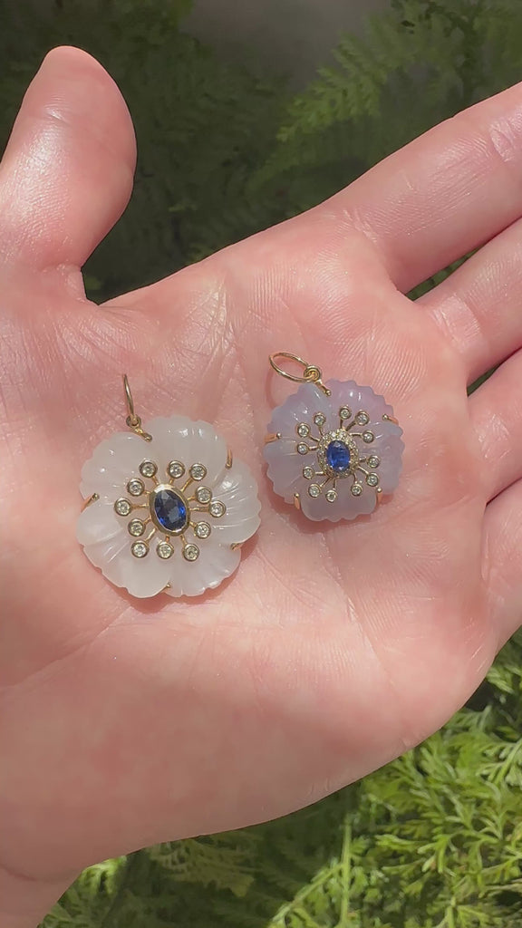  Elyzian Fine Jewelry Chalcedony & Kyanite Fleur de Charme charm in 14K yellow gold — hand-carved chalcedony flower with blue kyanite center and diamond halo