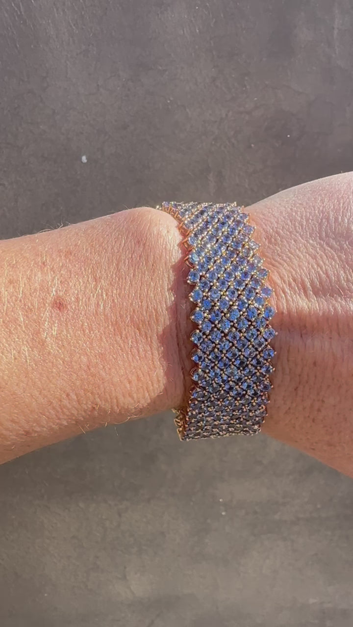14K Gold Blue Sapphire Flexible Woven Cuff Bracelet Sparkling in the sun