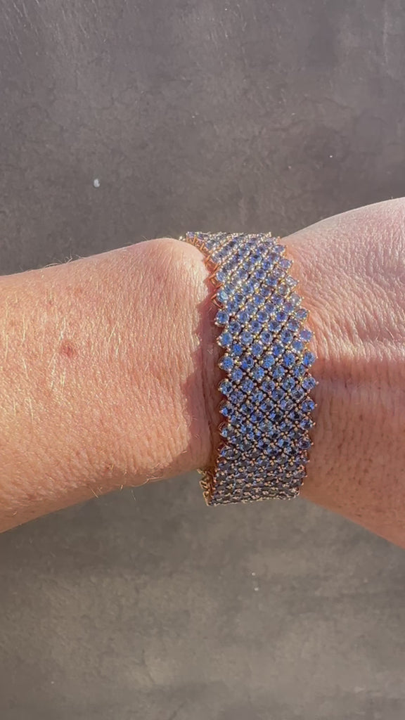 14K Gold Blue Sapphire Flexible Woven Cuff Bracelet Sparkling in the sun