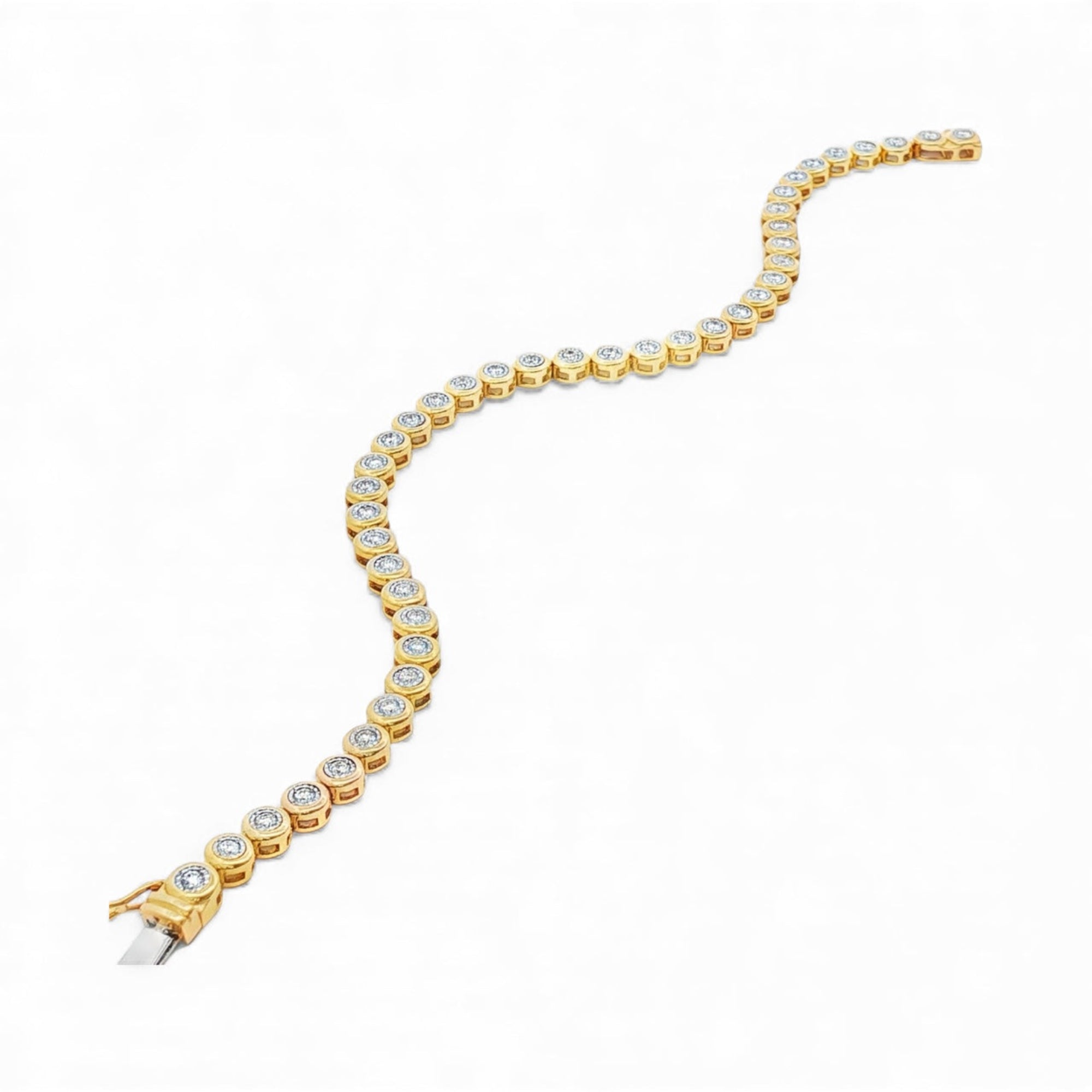 Round bezel-set illusion diamond tennis bracelet in 14K yellow gold - unclasped