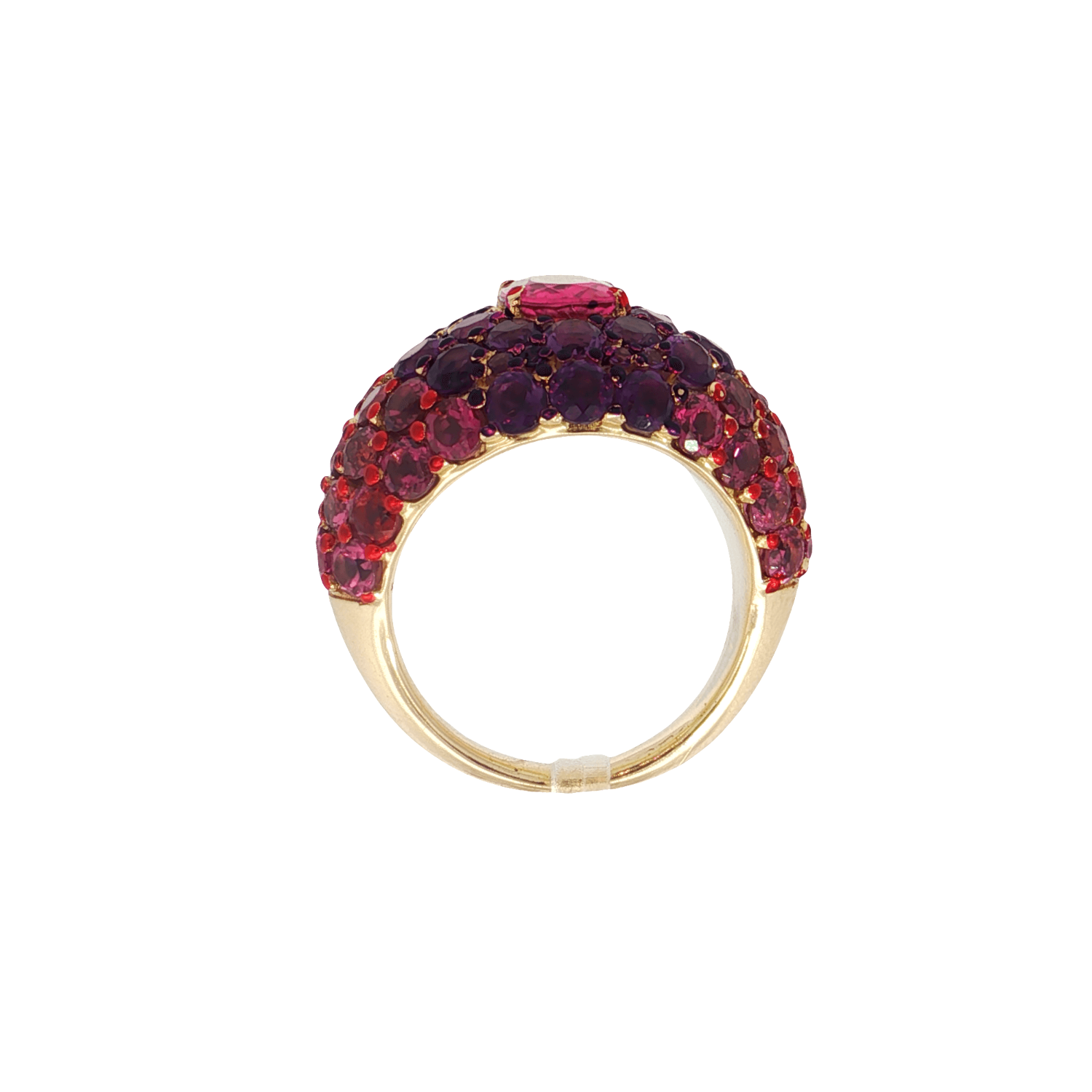 Angled view of A 14k yellow gold dome ring featuring a 1.32ct rubellite center framed by 4.95ct of rhodolite and 2.84ct of amethyst in a pavé setting.