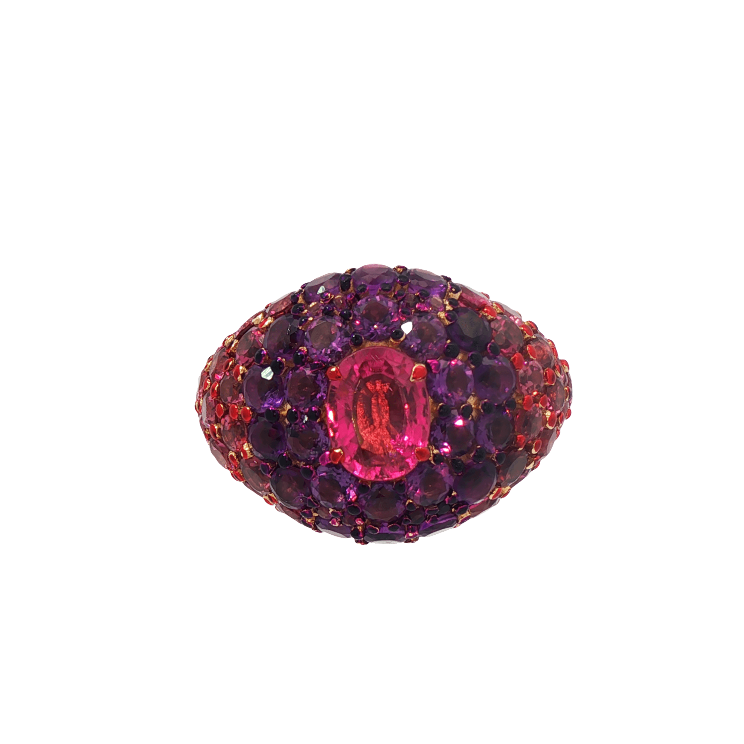 front view of A 14k yellow gold dome ring featuring a 1.32ct rubellite center framed by 4.95ct of rhodolite and 2.84ct of amethyst in a pavé setting.