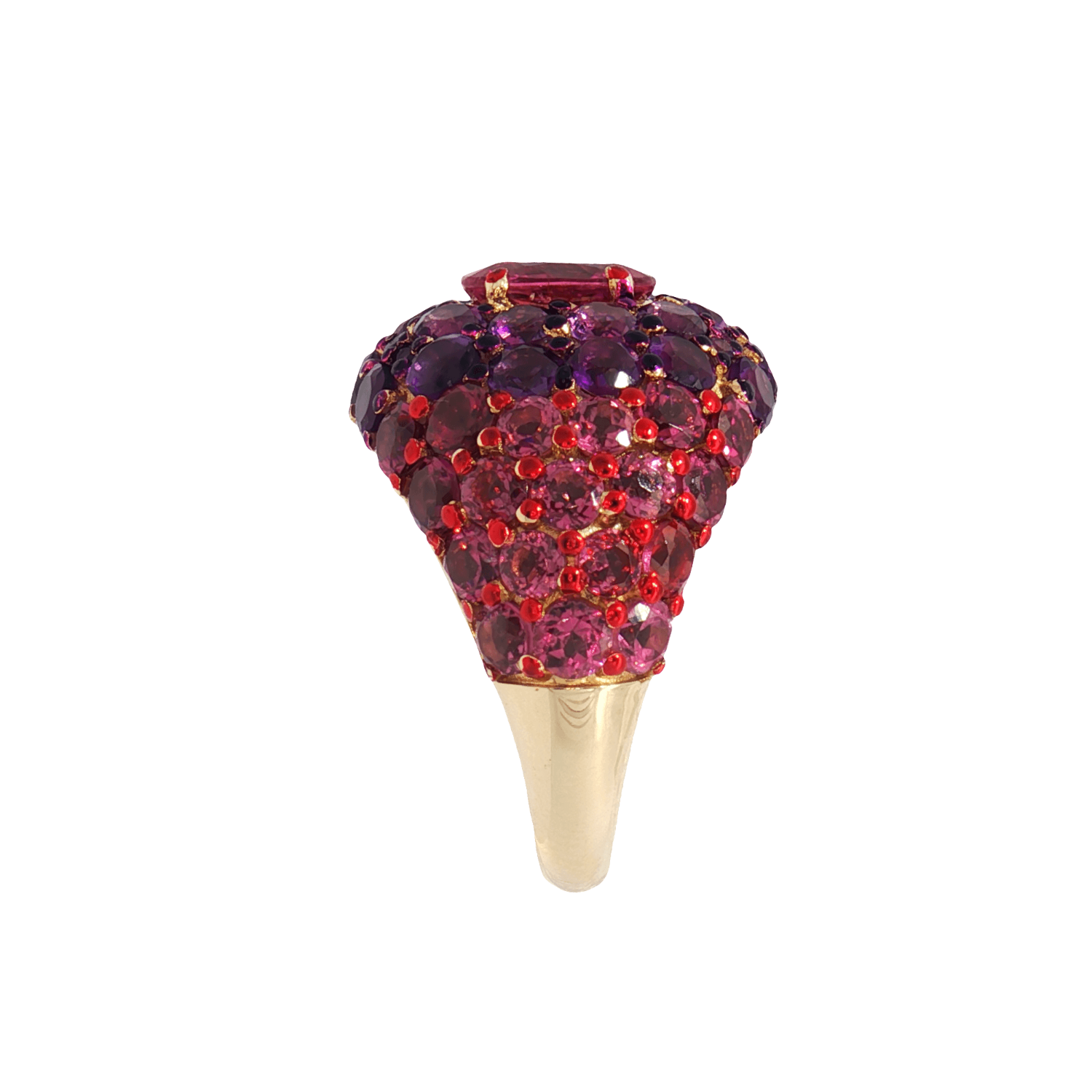 Side view of A 14k yellow gold dome ring featuring a 1.32ct rubellite center framed by 4.95ct of rhodolite and 2.84ct of amethyst in a pavé setting.