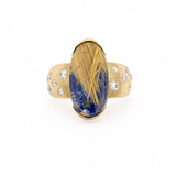 Oval Rutilated Quartz & Lapis Lazuli Diamond Ring in 18K Yellow Gold