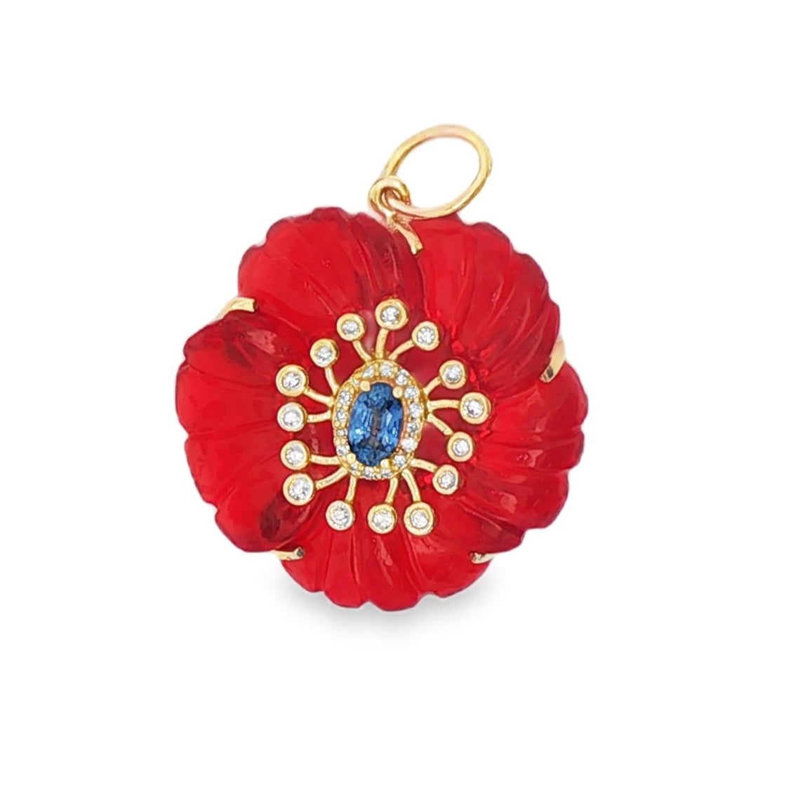 Seraphine Flame Fleur de Charme Pendant in 14K Yellow Gold with Ruby, Sapphire, and Diamonds by Elyzian Fine Jewelry