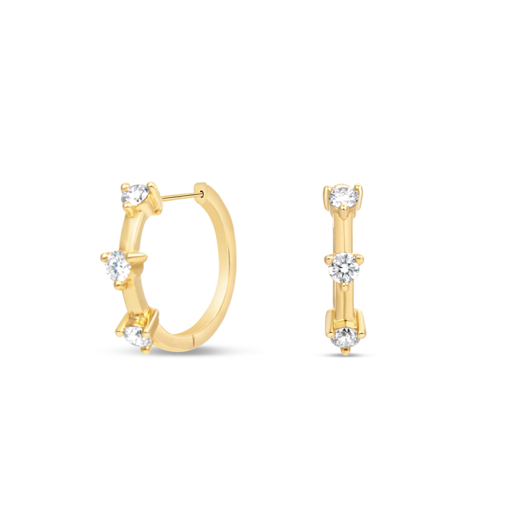Side view of Small Diamond Prong Set Huggie Hoop Earrings in 14K Yellow Gold by Elyzian