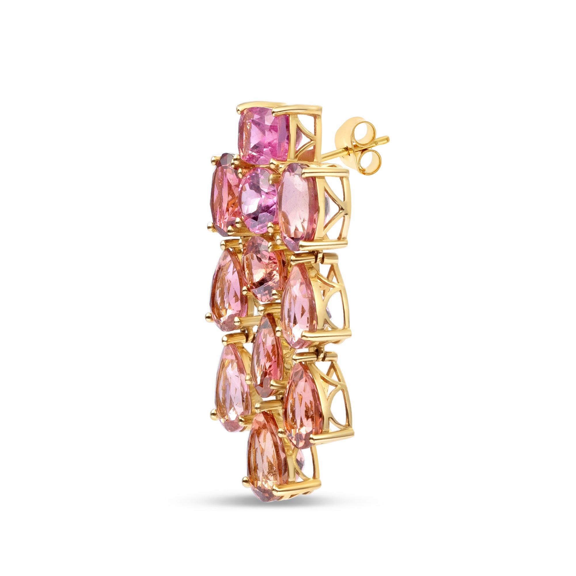 Elyzian Side view of Sunset Cascade Tourmaline Earrings showing prong settings and gold gallery