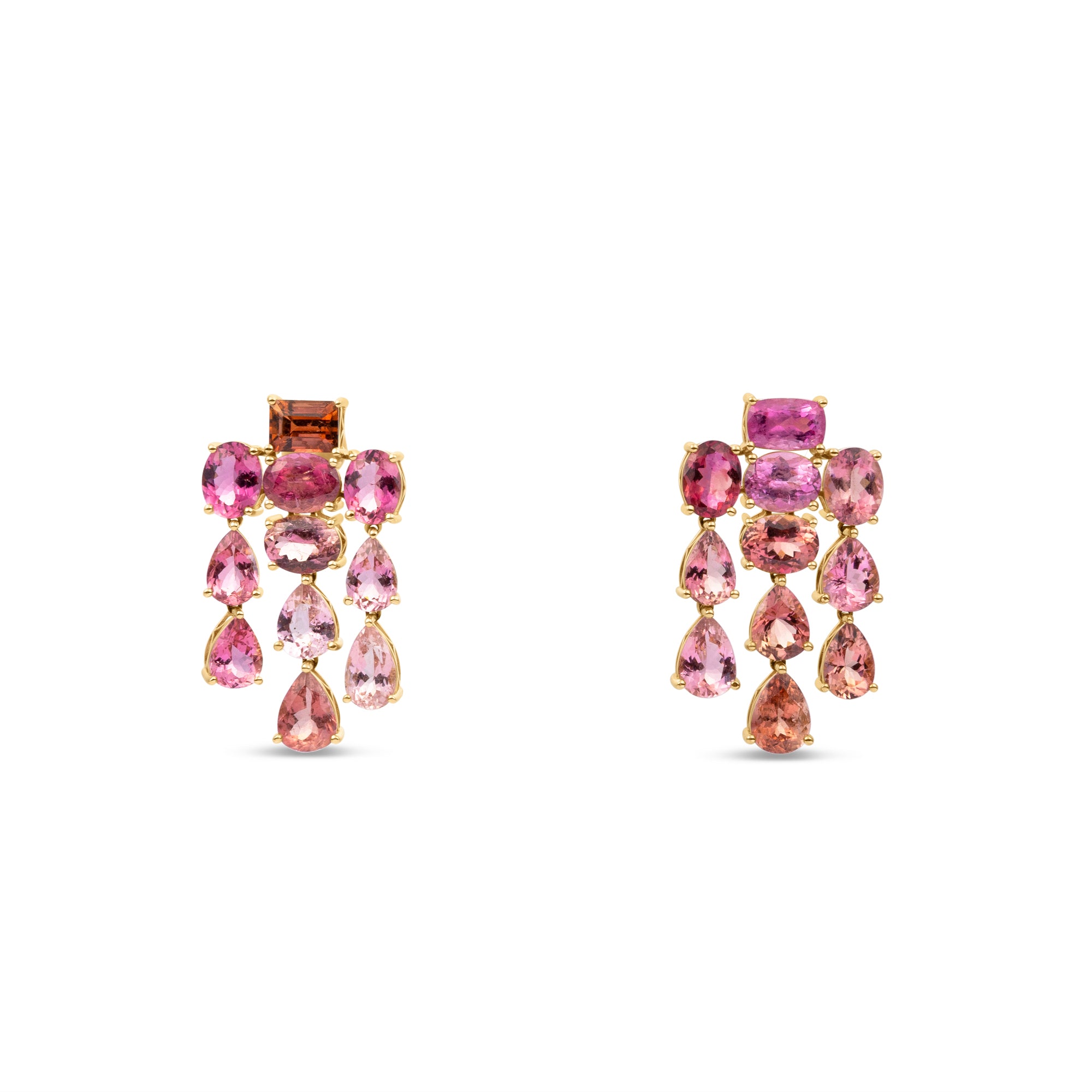 Elyzian Sunset Cascade Tourmaline Earrings in 14K yellow gold, front view of pair