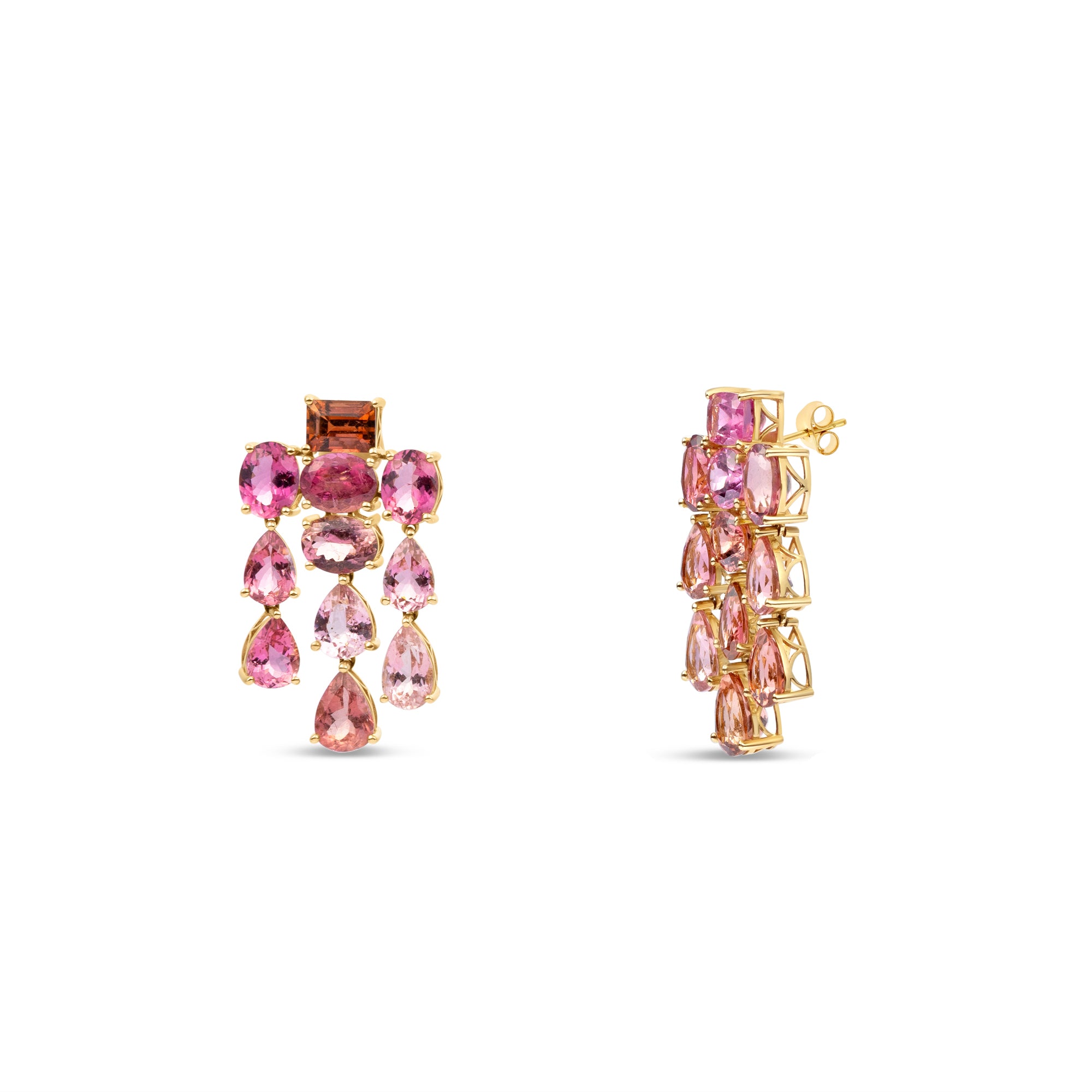 Elyzian Side profile of Sunset Cascade Tourmaline Earrings showing graduated stone tiers