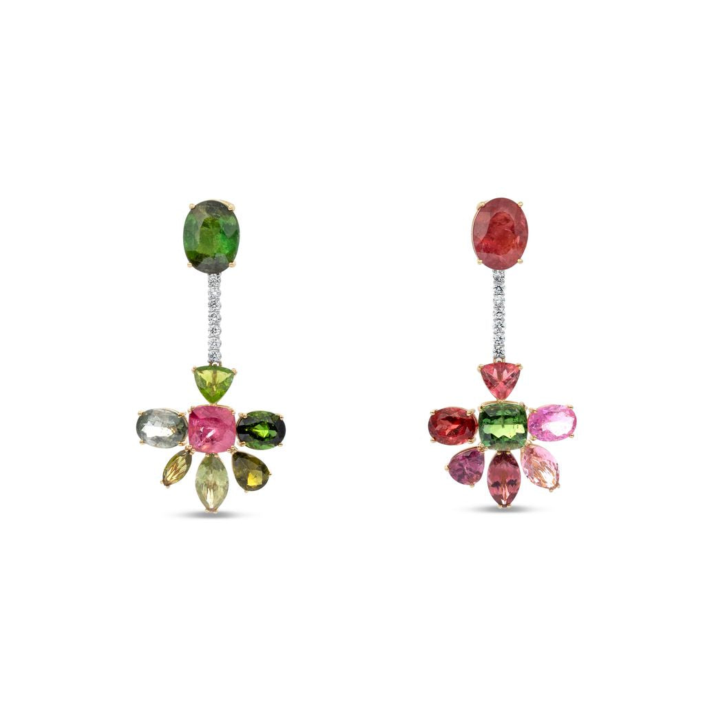 Elyzian side view of pink tourmaline flower earring with diamond bar, 18K yellow gold