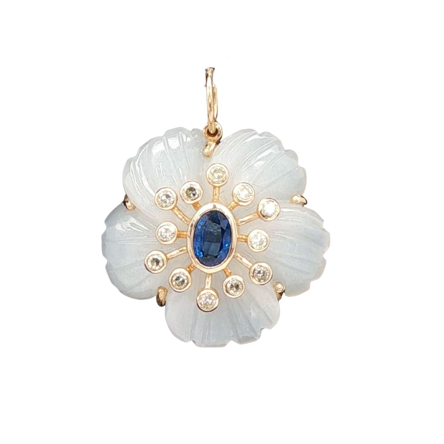 Twilight Veil Fleur de Charme Pendant in 14K Yellow Gold with Moonstone, Sapphire, and Diamonds by Elyzian Fine Jewelry