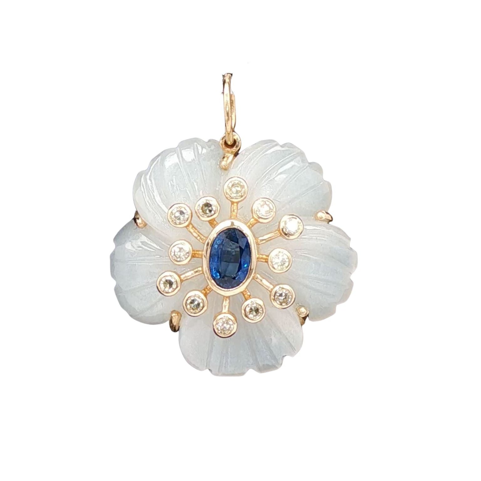 Twilight Veil Fleur de Charme Pendant in 14K Yellow Gold with Moonstone, Sapphire, and Diamonds by Elyzian Fine Jewelry